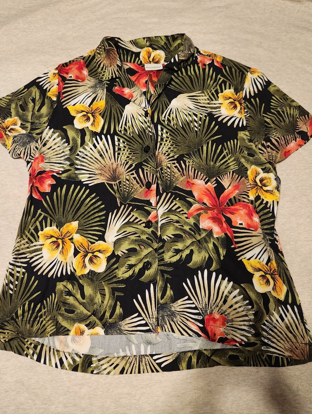 Vintage White Stag Black Tropical Floral Shirt with Green Leaves